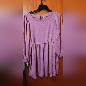 Long Sleeve Textured Mauve V-Neck Midi Dress